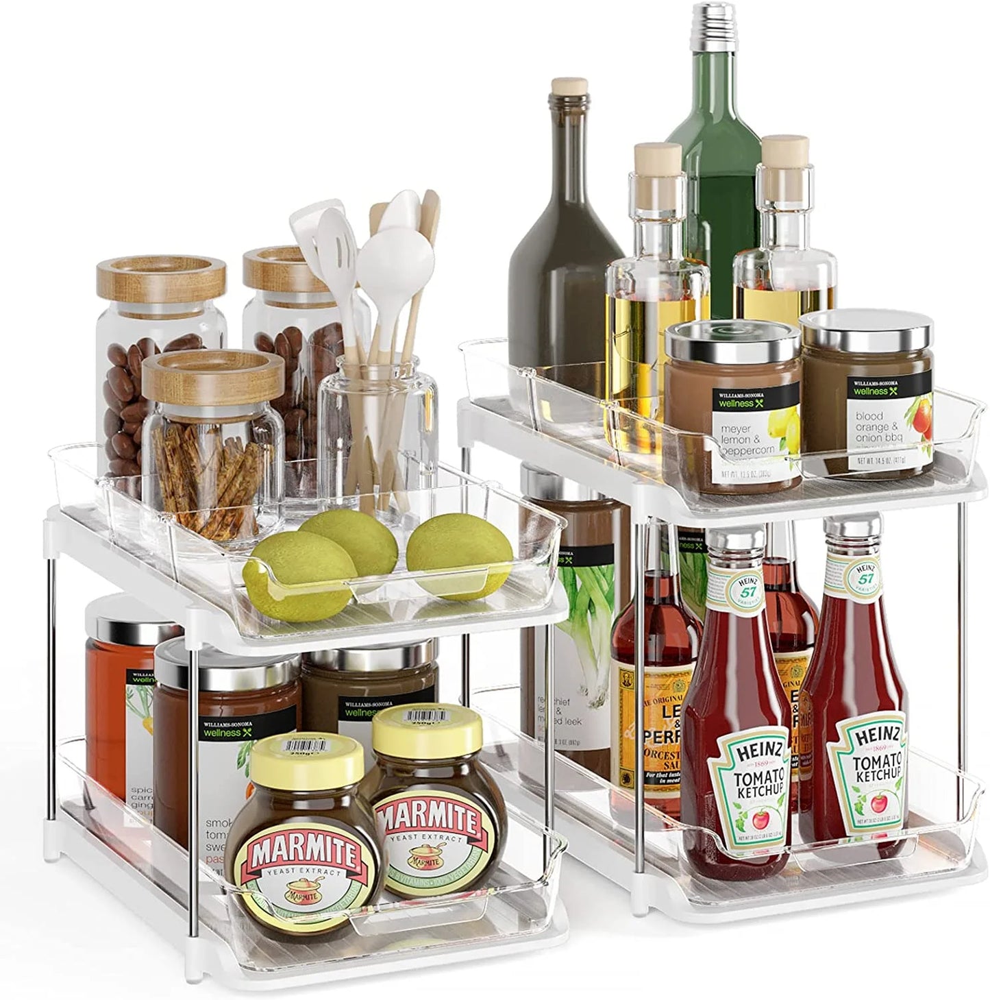 2 Pack Set under Sink Organizers and Storage, 2 Tier Sliding Bathroom Sink Organizer, Multi-Use under Kitchen Cabinet Storage Shelf (S&L), Transparent