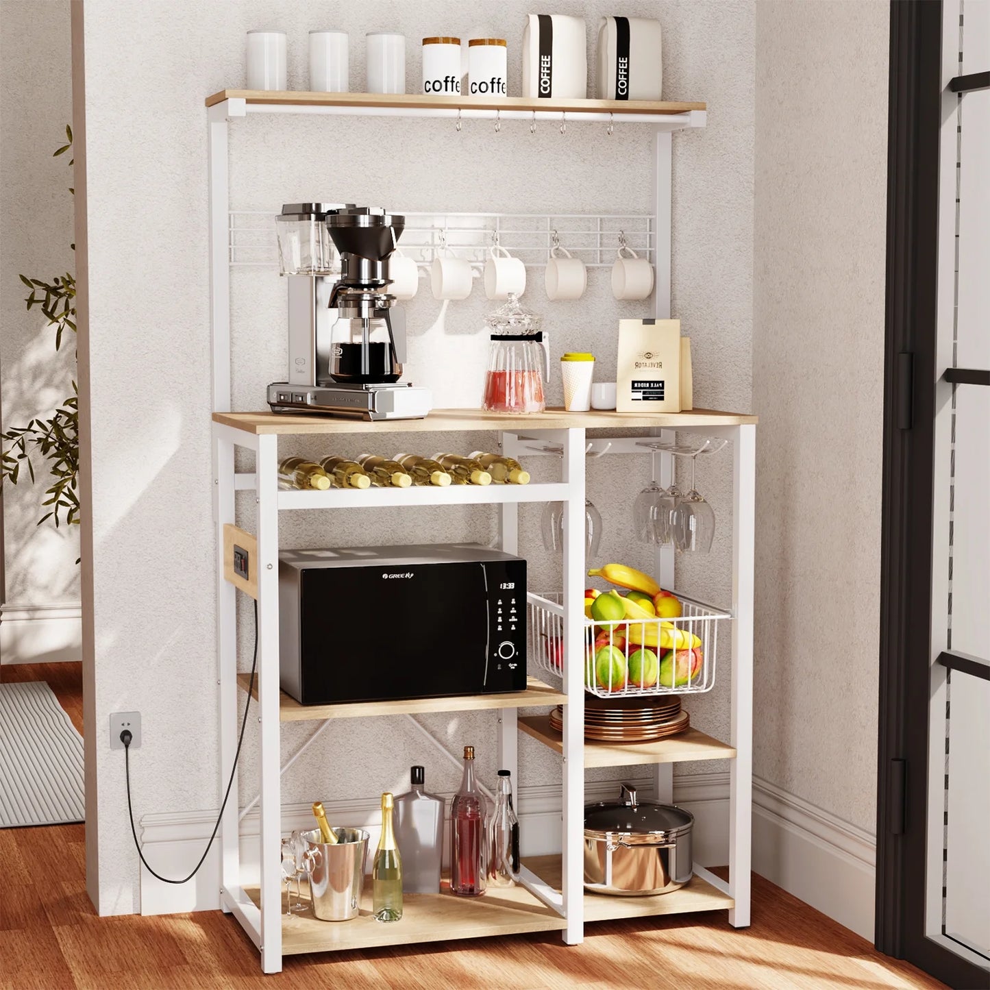 Pantry Cart Microwave Stand with Storage, 60"Coffee Bar Station Kitchen Island Baker Rack for Kitchen,White