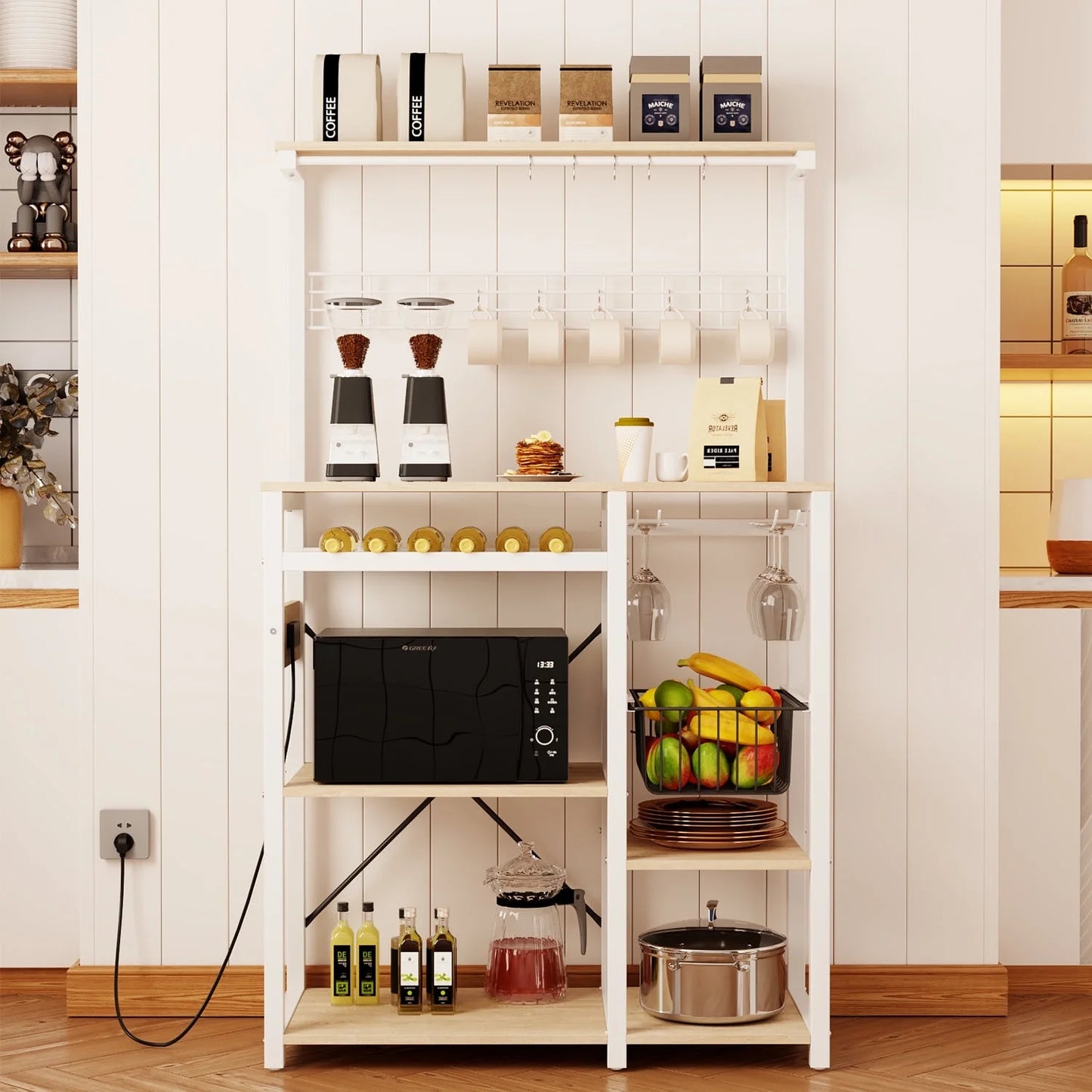 Pantry Cart Microwave Stand with Storage, 60"Coffee Bar Station Kitchen Island Baker Rack for Kitchen,White