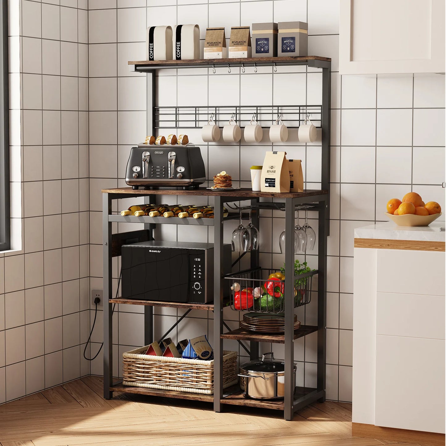 Pantry Cart Microwave Stand with Storage, 60"Coffee Bar Station Kitchen Island Baker Rack for Kitchen, Vintage Brown