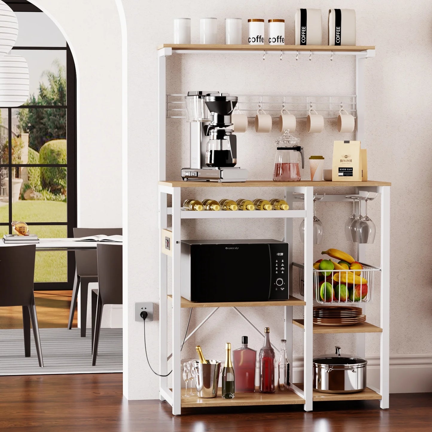 Pantry Cart Microwave Stand with Storage, 60"Coffee Bar Station Kitchen Island Baker Rack for Kitchen,White