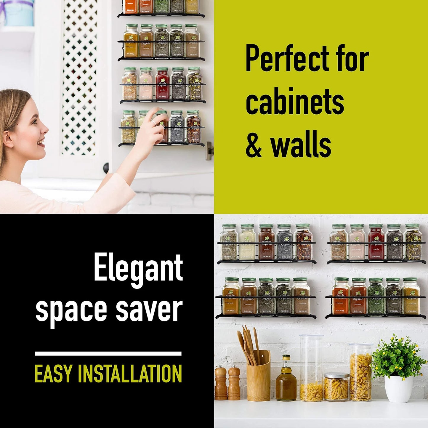 Spice Rack Organizer for Cabinets or Wall Mounts, 4 Tier Hanging Racks, Space Saving Seasoning Organizer for Kitchen Cabinet, Cupboard or Pantry Door, Metal, 11.5"