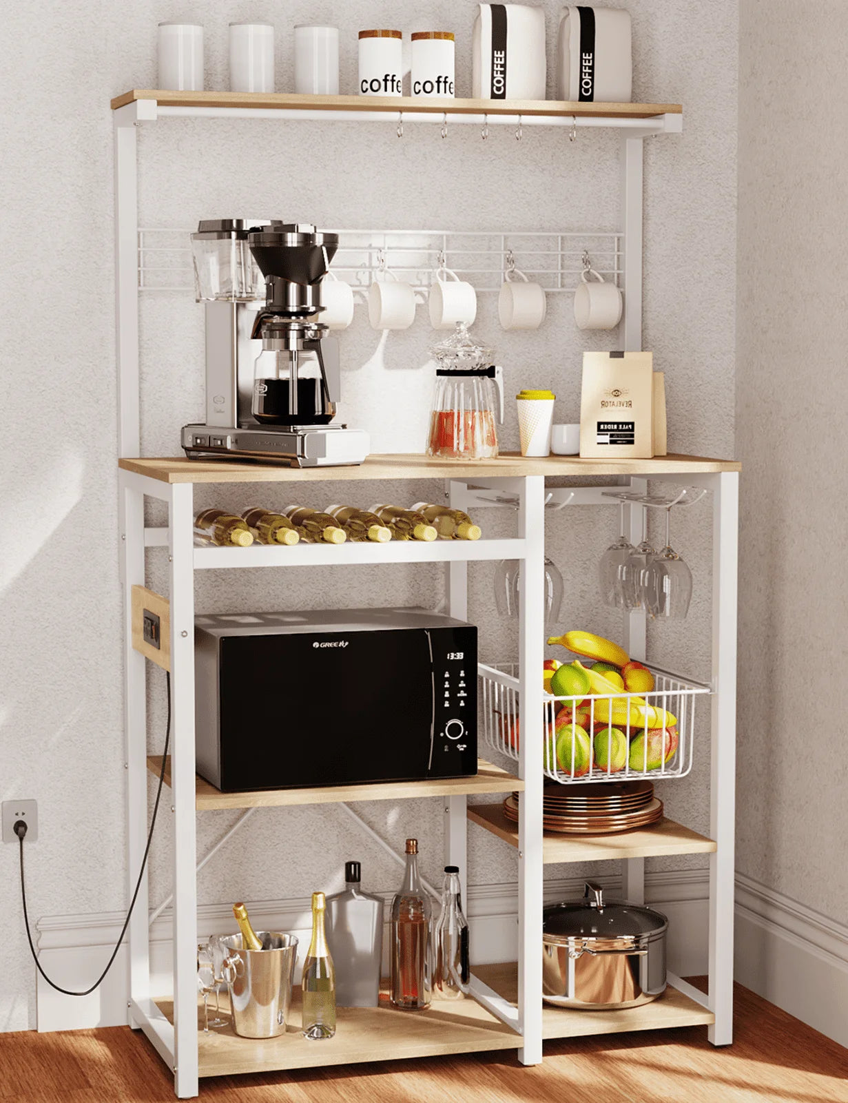 Pantry Cart Microwave Stand with Storage, 60"Coffee Bar Station Kitchen Island Baker Rack for Kitchen,White