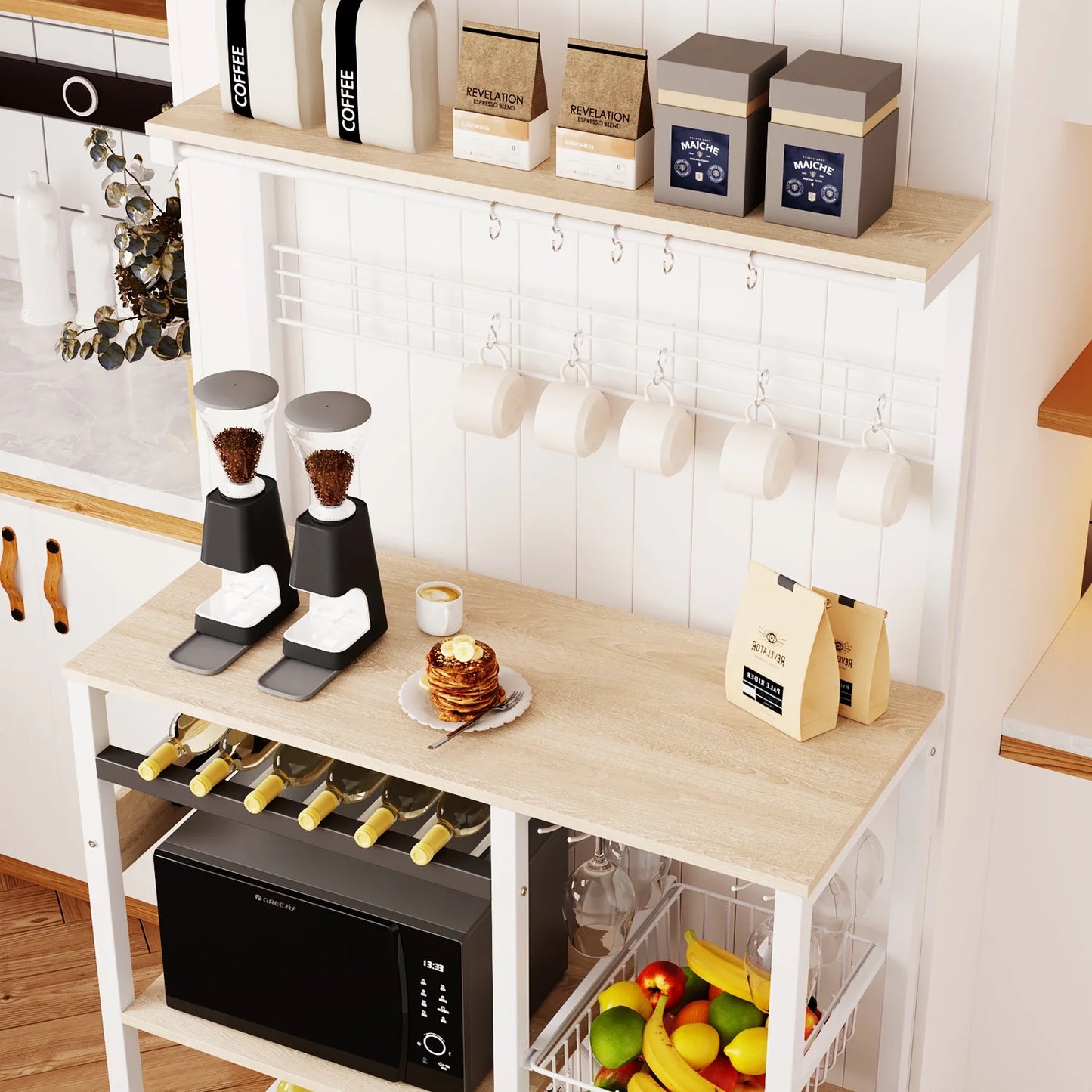 Pantry Cart Microwave Stand with Storage, 60"Coffee Bar Station Kitchen Island Baker Rack for Kitchen,White