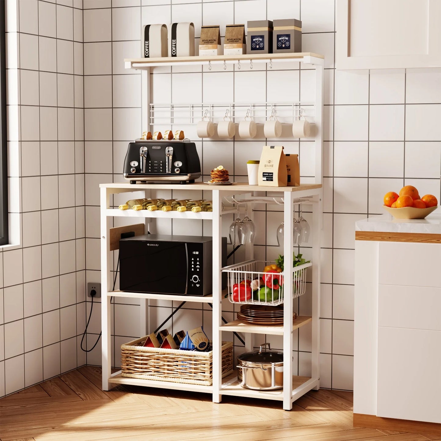 Pantry Cart Microwave Stand with Storage, 60"Coffee Bar Station Kitchen Island Baker Rack for Kitchen,White