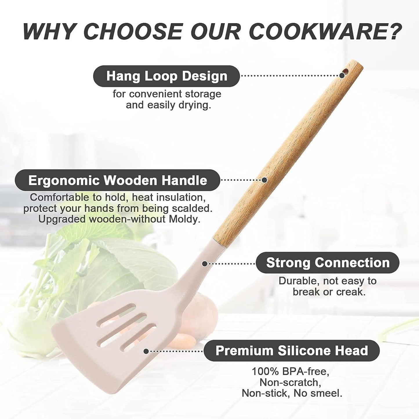 33 PCS Silicone Cooking Utensils Set, Kitchen Utensils Spatula Set with Holder, Wooden Handles Heat Resistant & BPA Free & Non-Toxic -Best Kitchen Gadgets Tools for Cookware(Khaki)