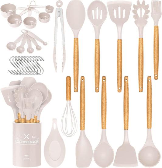 33 PCS Silicone Cooking Utensils Set, Kitchen Utensils Spatula Set with Holder, Wooden Handles Heat Resistant & BPA Free & Non-Toxic -Best Kitchen Gadgets Tools for Cookware(Khaki)