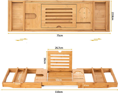 Bamboo Bathtub Caddy Tray with Extending Sides, Cellphone Tray and Wineglass Holder，Free Soap Holder