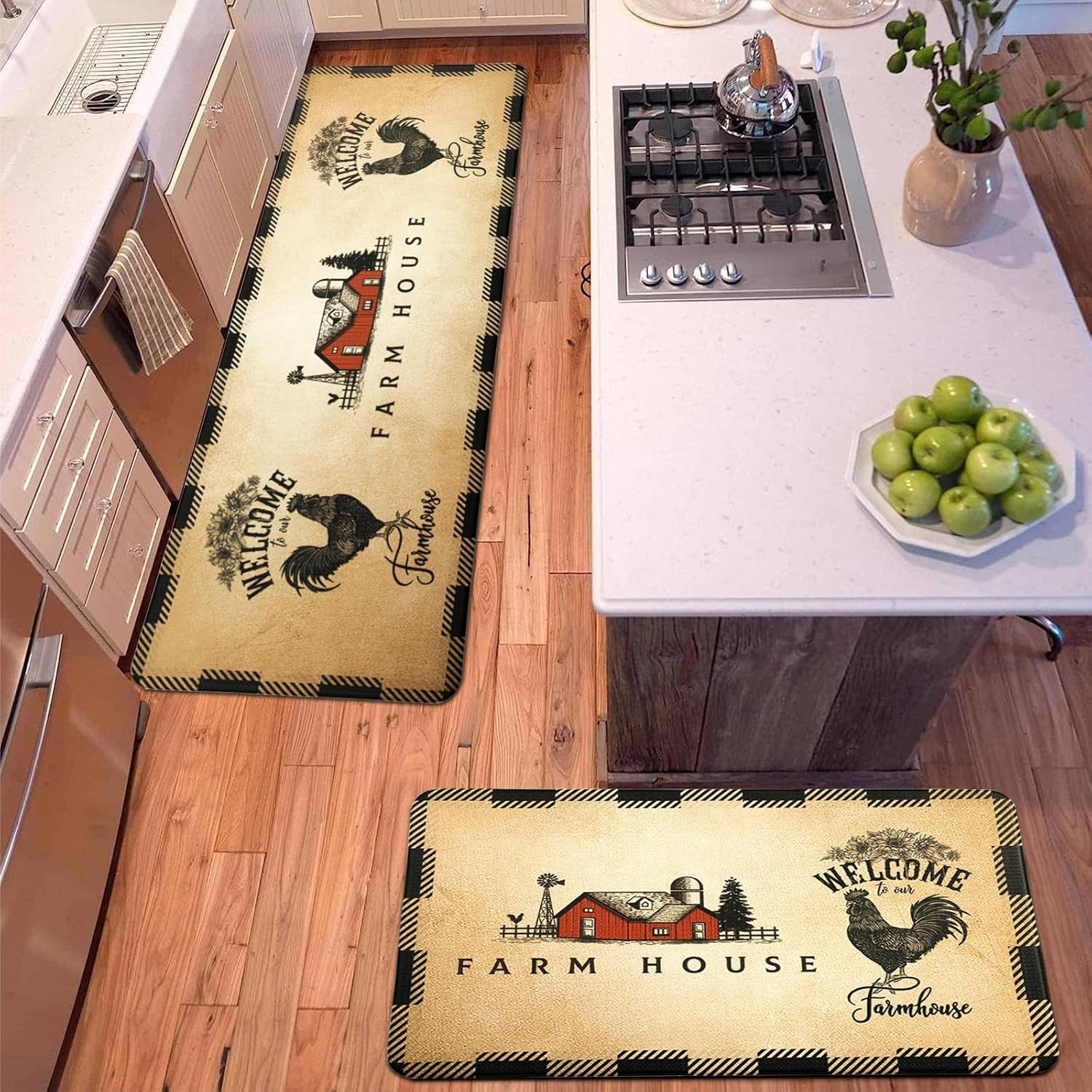 Farmhouse Kitchen Rugs and Mats Set of 2,Anti Fatigue Farm Rooster Kitchen Mat,Waterproof & Non-Slip PVC Leather Floor Mat for Kitchen,Sink,Office,Laundry,Set of 2 (Beige Yellow,17"X27"+17"X47")