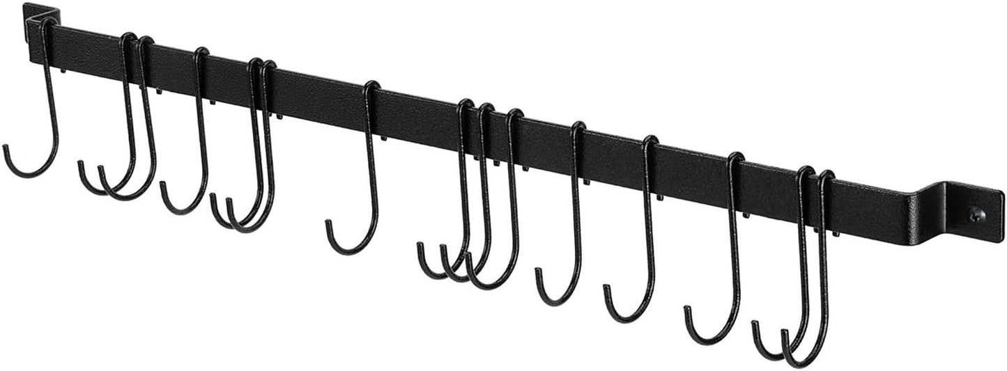 Kitchen Rail with 15 S Hooks, 2-Pack 26Inch Utensil Rack Wall Mounted Hanger for Pot Pan Lid Spatula, Hanging Kitchen Hooks for Utensils, Black