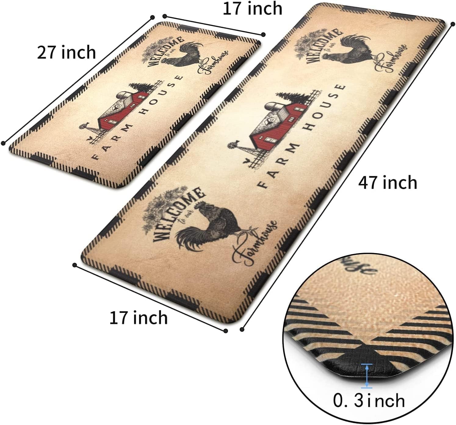 Farmhouse Kitchen Rugs and Mats Set of 2,Anti Fatigue Farm Rooster Kitchen Mat,Waterproof & Non-Slip PVC Leather Floor Mat for Kitchen,Sink,Office,Laundry,Set of 2 (Beige Yellow,17"X27"+17"X47")