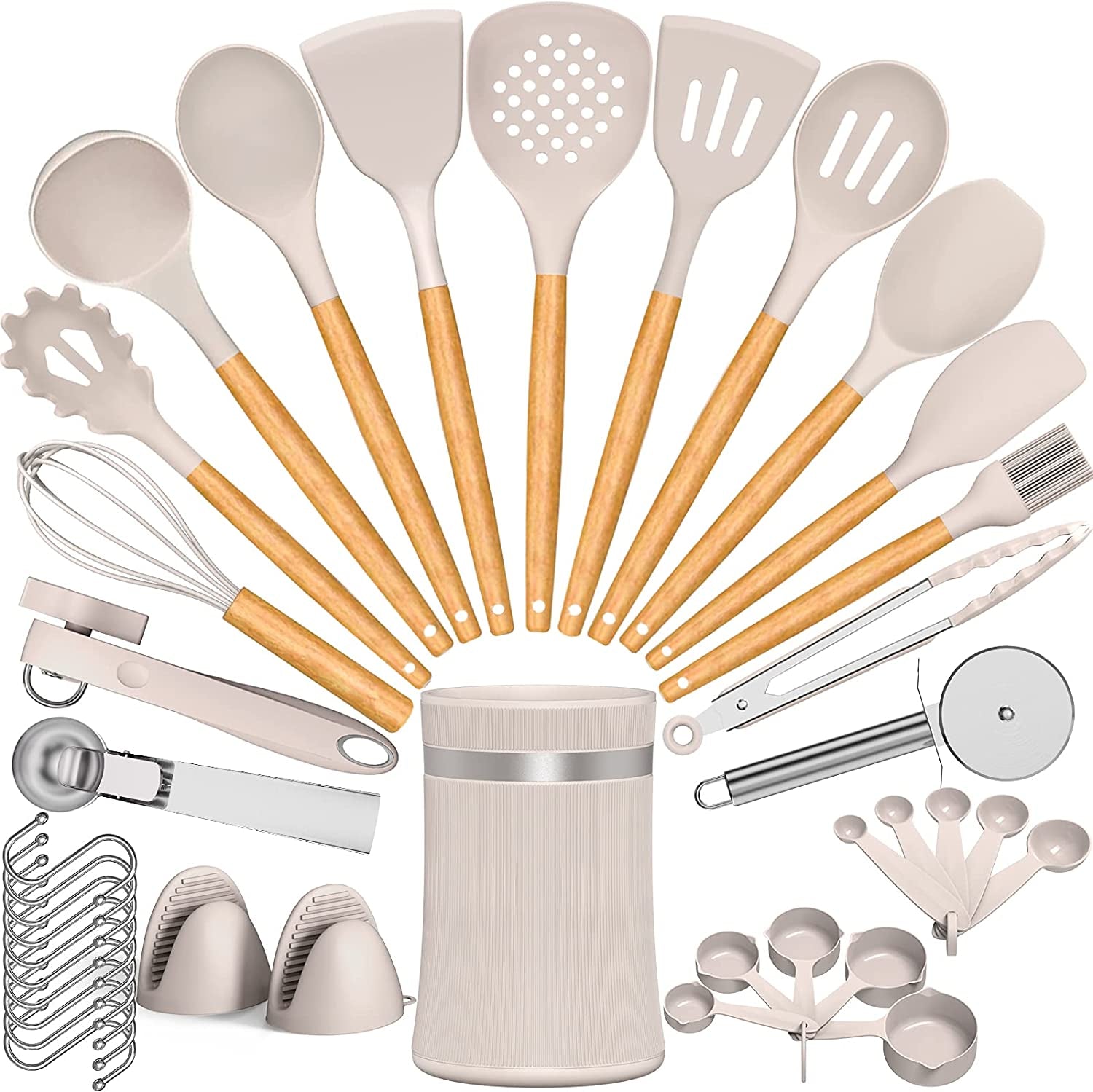 Silicone Cooking Utensil Set, 38 Pcs Silicone Cooking Kitchen Utensils Set with Wooden Handle, Non-Stick Heat Resistant - Best Kitchen Cookware Set- Khaki(Bpa Free, Non Toxic)