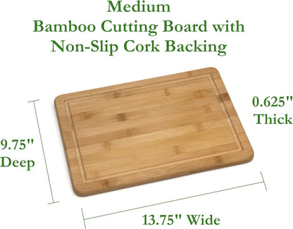 Bamboo Wood Kitchen Cutting and Serving Board with Non-Slip Cork Backing, Medium, 13-3/4" X 9-3/4" X 5/8"