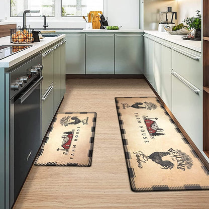 Farmhouse Kitchen Rugs and Mats Set of 2,Anti Fatigue Farm Rooster Kitchen Mat,Waterproof & Non-Slip PVC Leather Floor Mat for Kitchen,Sink,Office,Laundry,Set of 2 (Beige Yellow,17"X27"+17"X47")