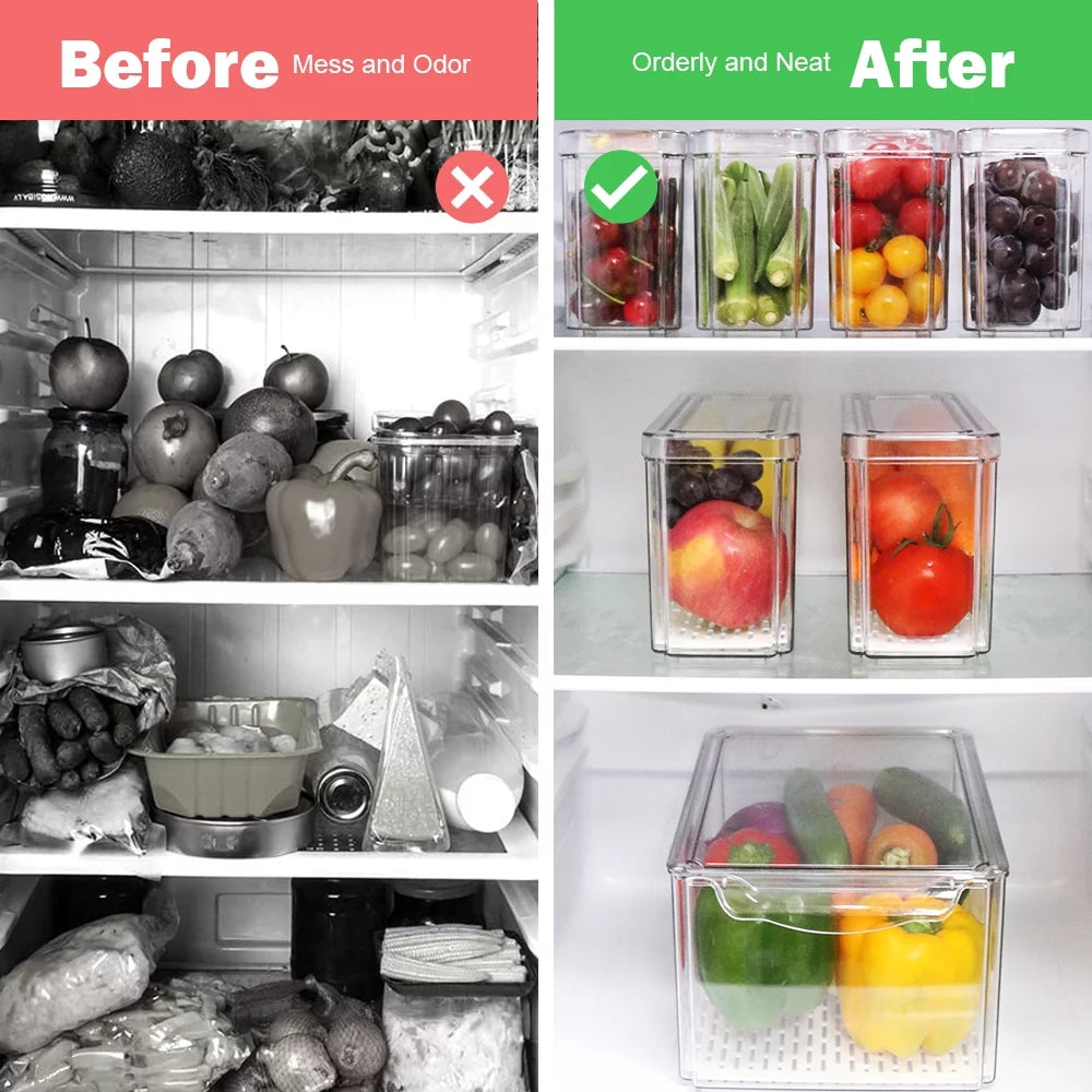 Set of 7 Fridge Organizer Refrigerator Organizer Bins with Lids, Fridge Organization and Storage Clear Containers, Stackable Plastic Pantry Storage Bins for Fruits, Vegetable, Food, BPA Free