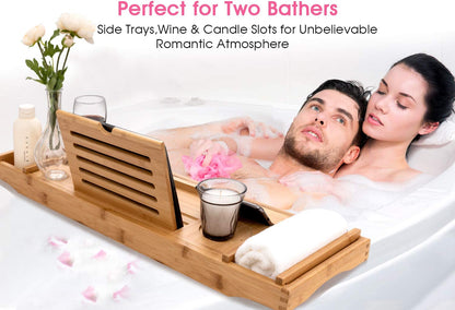 Bamboo Bathtub Caddy Tray with Extending Sides, Cellphone Tray and Wineglass Holder，Free Soap Holder