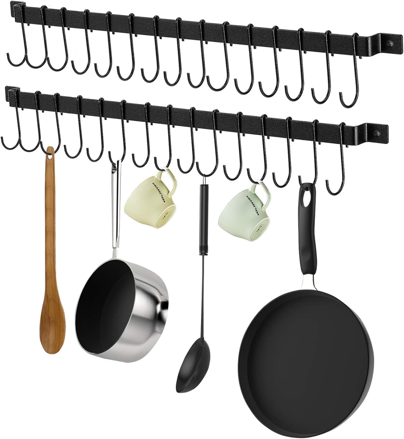 Kitchen Rail with 15 S Hooks, 2-Pack 26Inch Utensil Rack Wall Mounted Hanger for Pot Pan Lid Spatula, Hanging Kitchen Hooks for Utensils, Black