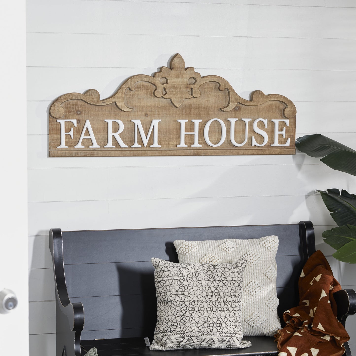 Brown Wood Farm House Sign Wall Decor with Carved Acanthus