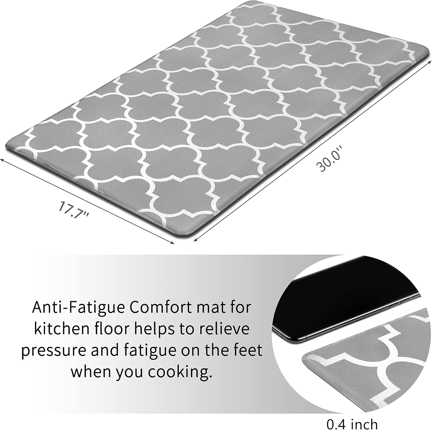 Kitchen Mat Cushioned Anti-Fatigue Floor Mat, 17.7"X30", Waterproof Non-Slip Grey Trellis Kitchen Rug Ergonomic Comfort Standing Mat for Kitchen, Home, Office, Sink, Laundry, Desk