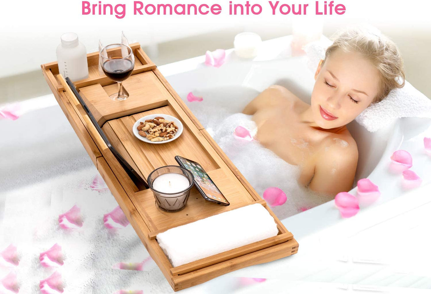 Bamboo Bathtub Caddy Tray with Extending Sides, Cellphone Tray and Wineglass Holder，Free Soap Holder