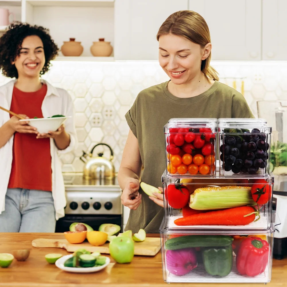 Set of 7 Fridge Organizer Refrigerator Organizer Bins with Lids, Fridge Organization and Storage Clear Containers, Stackable Plastic Pantry Storage Bins for Fruits, Vegetable, Food, BPA Free