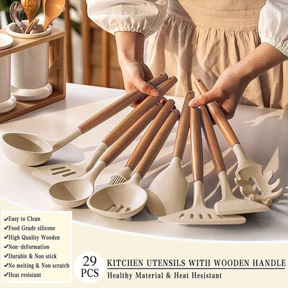 Silicone Cooking Utensil Set, 38 Pcs Silicone Cooking Kitchen Utensils Set with Wooden Handle, Non-Stick Heat Resistant - Best Kitchen Cookware Set- Khaki(Bpa Free, Non Toxic)