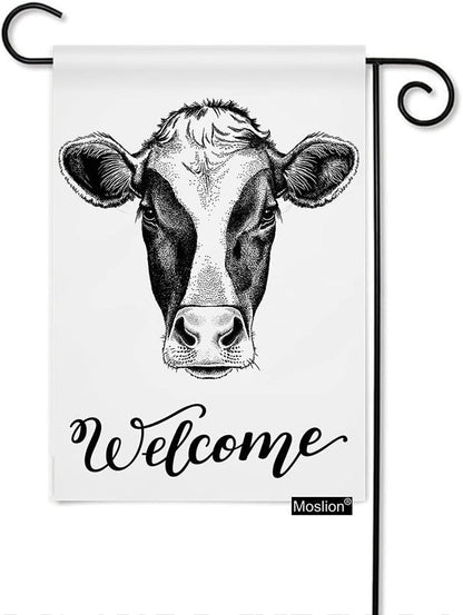 Cow Welcome Garden Flag 12.5X18 Inch Milk Cow Head Sketch Yard Flag Burlap Banners Vertical Double Sided for Farm House Outside