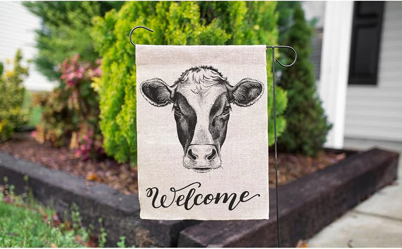 Cow Welcome Garden Flag 12.5X18 Inch Milk Cow Head Sketch Yard Flag Burlap Banners Vertical Double Sided for Farm House Outside