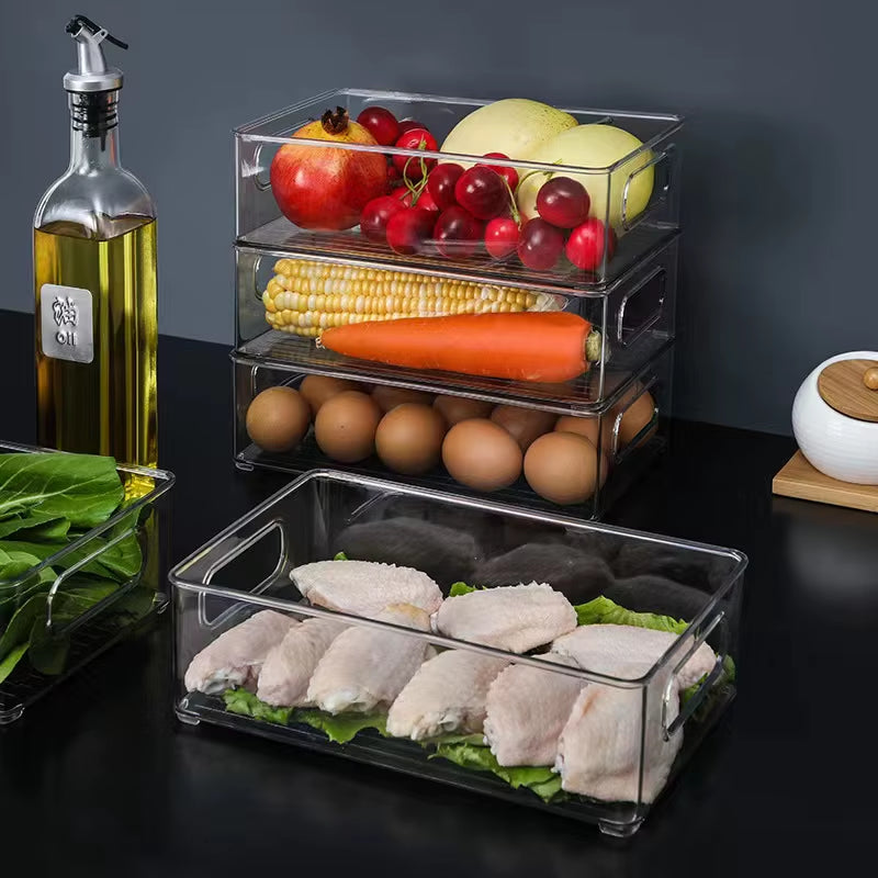 Refrigerator Organizer Bin Stackable Food Fridge Storage Box with Handle Clear Plastic Food Freezer Pantry Kitchen Organizer