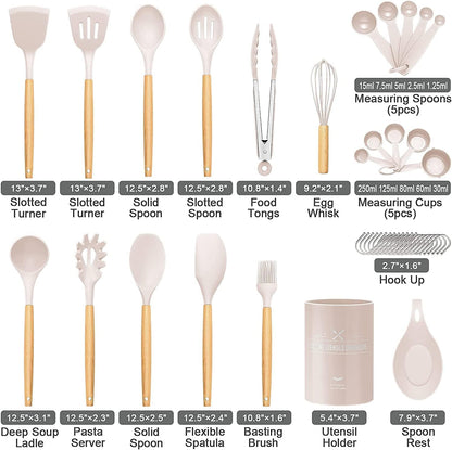 33 PCS Silicone Cooking Utensils Set, Kitchen Utensils Spatula Set with Holder, Wooden Handles Heat Resistant & BPA Free & Non-Toxic -Best Kitchen Gadgets Tools for Cookware(Khaki)