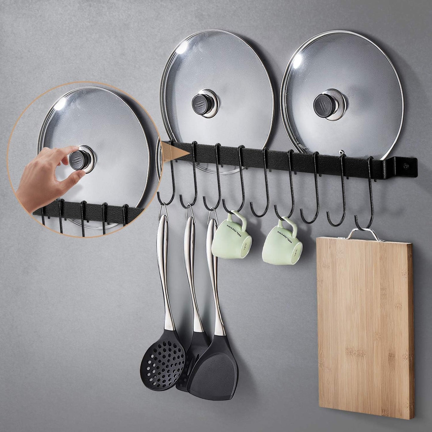 Kitchen Rail with 15 S Hooks, 2-Pack 26Inch Utensil Rack Wall Mounted Hanger for Pot Pan Lid Spatula, Hanging Kitchen Hooks for Utensils, Black