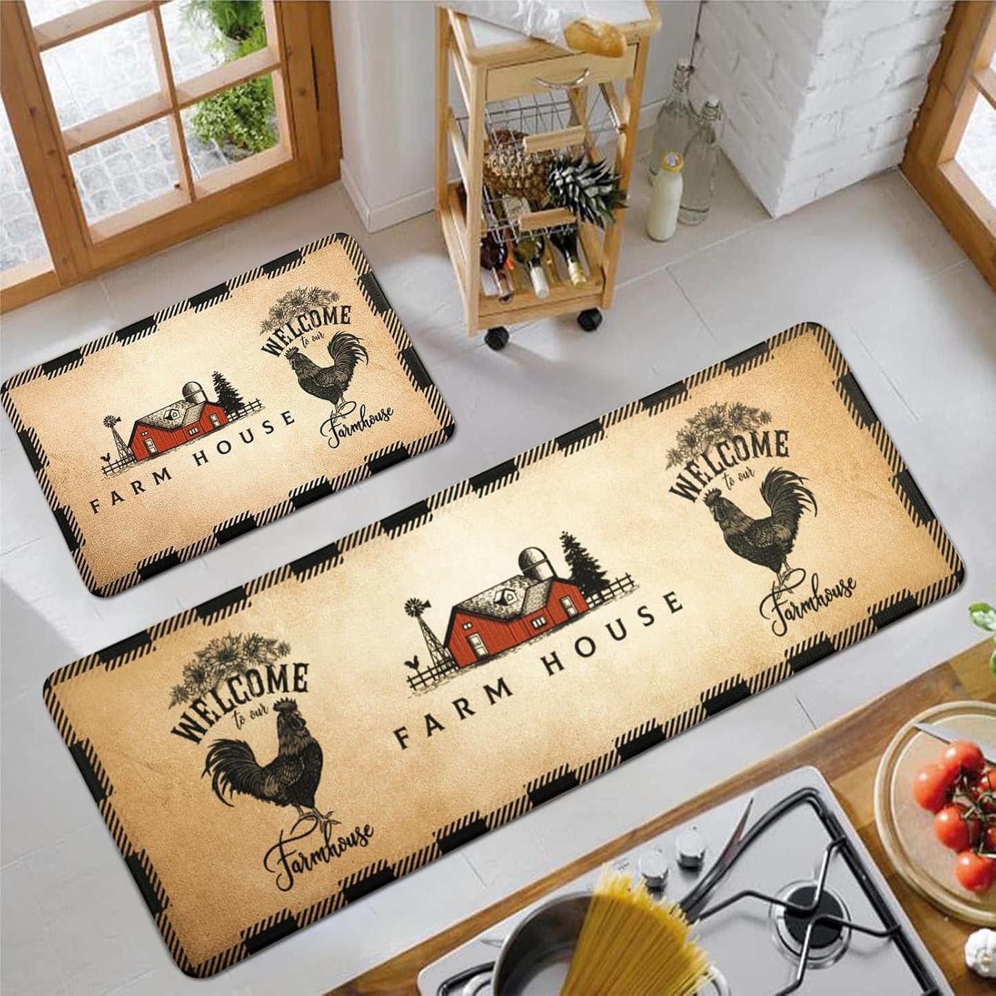 Farmhouse Kitchen Rugs and Mats Set of 2,Anti Fatigue Farm Rooster Kitchen Mat,Waterproof & Non-Slip PVC Leather Floor Mat for Kitchen,Sink,Office,Laundry,Set of 2 (Beige Yellow,17"X27"+17"X47")